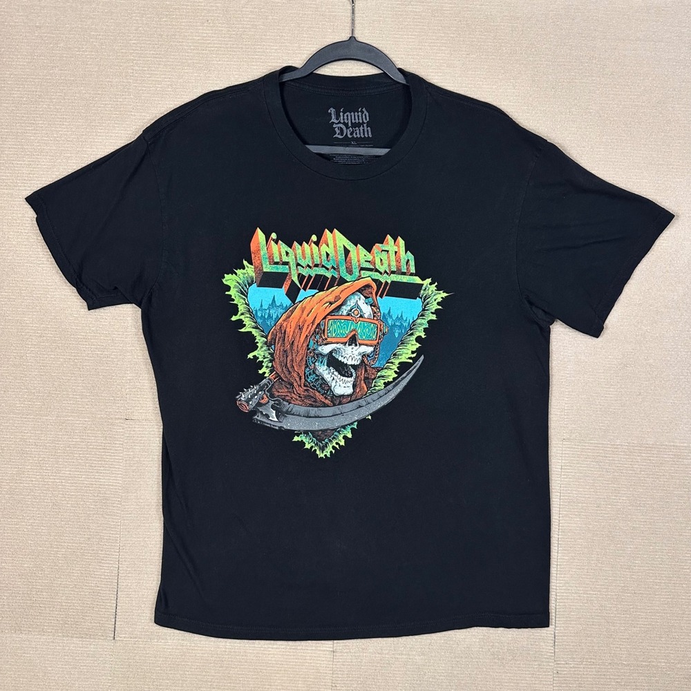Liquid Death T-Shirt Mens XL Black Graphic Cyber Skeleton Scythe Heavy Metal Tee